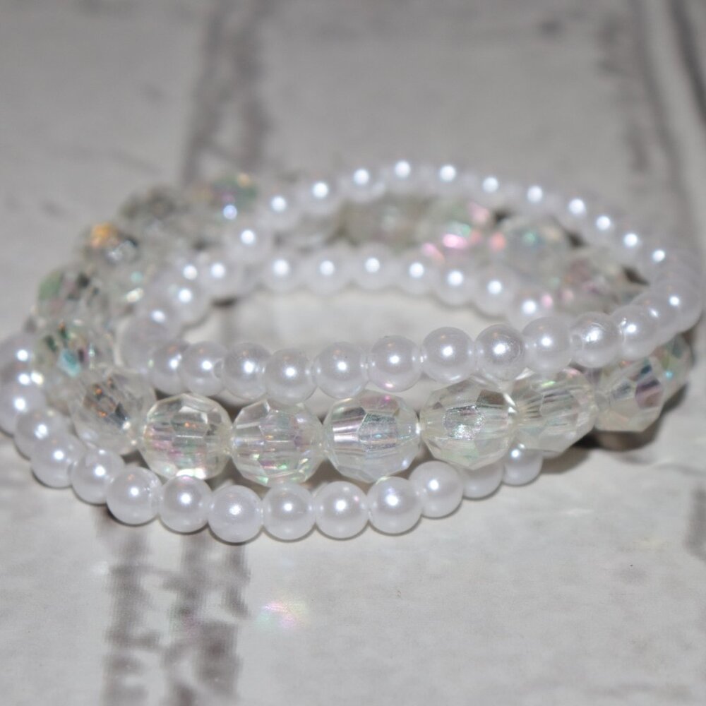 🤍 NWOT Pearl & Crystal Beaded Bracelet Set – 7"  🌸